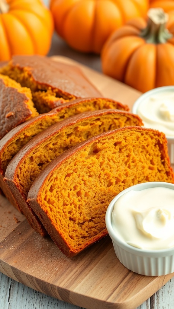 Sliced pumpkin bread on a wooden board with cream cheese frosting and whole pumpkins.